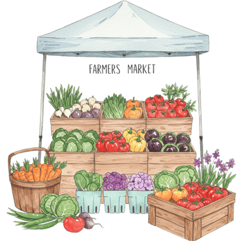 Fresh produce display at farmers market vibrant colors transparent background outdoor setting engaging viewpoint png