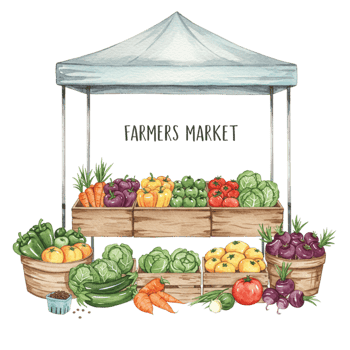 Farmers market fresh produce display outdoor setting watercolor art colorful vegetables transparent background png