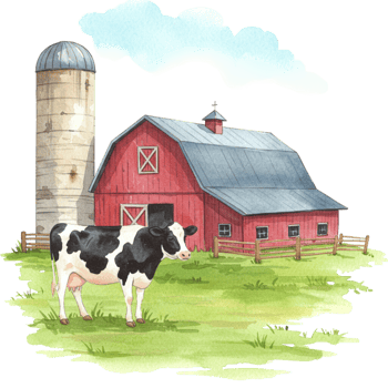 Cow in farmyard scene with transparent background country landscape illustration rural environment nature concept png
