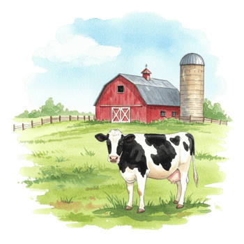 Cow in a pastoral scene farm background digital art green environment vibrant viewpoint transparent background png