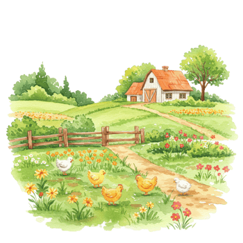 Charming farm scene with chickens lush green landscape nature illustration transparent background for creative uses png