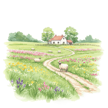 Charming sheep grazing near cottage in colorful meadow transparent background nature illustration serene landscape daylight png