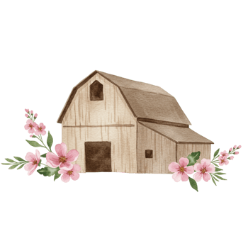 Charming wooden barn with flowers rural setting watercolor art transparent background pastoral view rustic concept png
