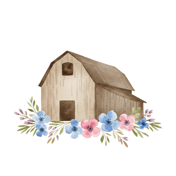 Charming barn illustration with floral accents on transparent background rustic art nature theme digital design eye-catching view png