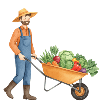 Gardener pushing wheelbarrow of fresh vegetables farm setting digital illustration with transparent background png