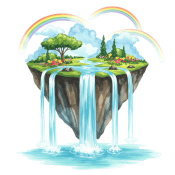 Floating island paradise with waterfalls and rainbows digital art transparent background fantasy landscape png