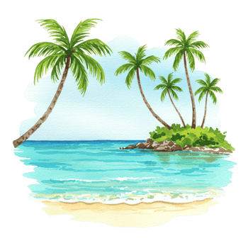 Tropical paradise escape beach digital illustration coastal aesthetic transparent background png