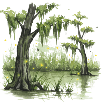 Enchanting glow of fireflies in a serene wetland landscape nature scene with transparent background png
