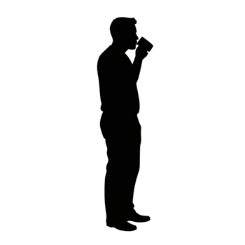 Silhouette of a man holding a mug coffee shop transparent background urban environment side view daily life png