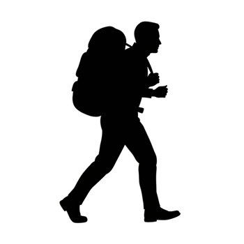 Adventurous hiker with backpack mountain trail silhouette image outdoor environment side view transparent background for seo impact png