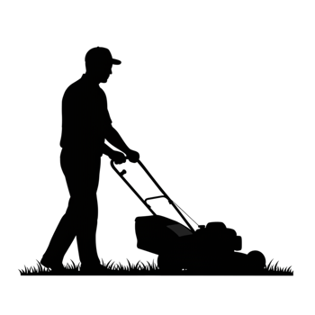 Lawn care action man mowing grass with transparent background outdoor environment silhouette viewpoint png