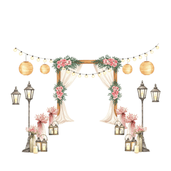 Elegant wedding arch with lanterns and flowers transparent background romantic event festive atmosphere digital illustration png