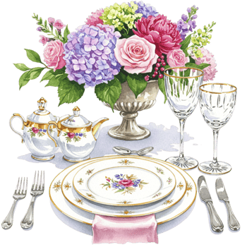 Elegant dining setup with floral arrangement and tableware transparent background still life indoor aesthetic appeal png