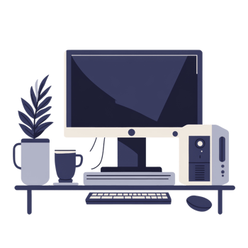 Modern Desktop Computer Setup With Plant And Coffee png