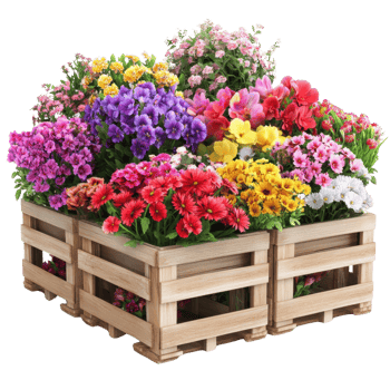 A colorful assembly of fresh flowers arranged in wooden crates, showcasing a vibrant mix of blooms. png
