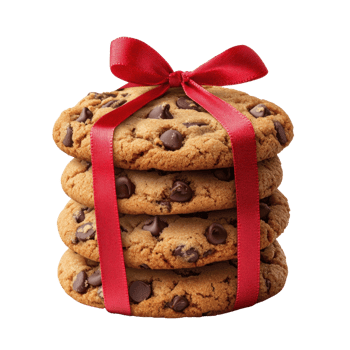 A stack of chocolate chip cookies tied with a festive red ribbon, creating a delightful and inviting appearance. png
