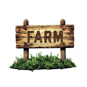 Rustic Wooden Farm Sign Amidst Lush Green Foliage png
