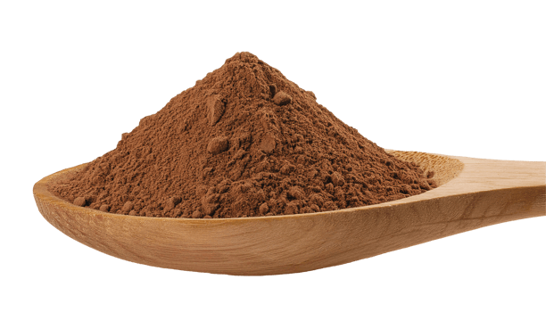 wooden spoon filled with fine cocoa powder, rich and aromatic chocolate ingredient, natural cacao for baking and desserts, on isolated background png