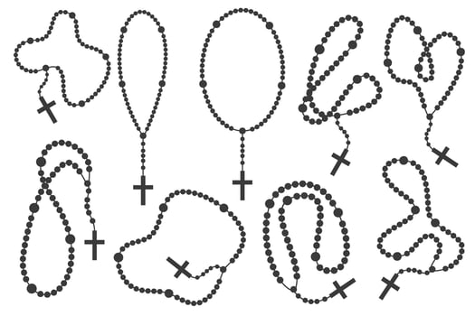 Rosary beads with cross. Catholic prayer necklace set isolated on white background. Christian chain with crucifix silhouettes. Religious jewelry for meditation. vector