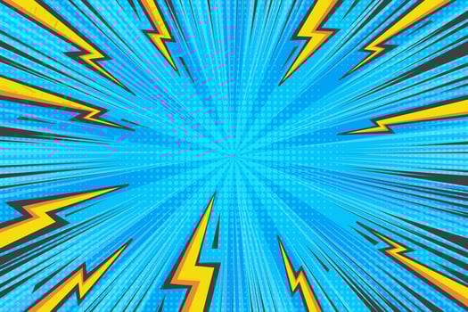 Comic cartoon thunder power background. Pop art abstract graphic with lightnings and light burst. Manga book illustration with explosion and halftone effect. Speed lines radial rays anime frame vector
