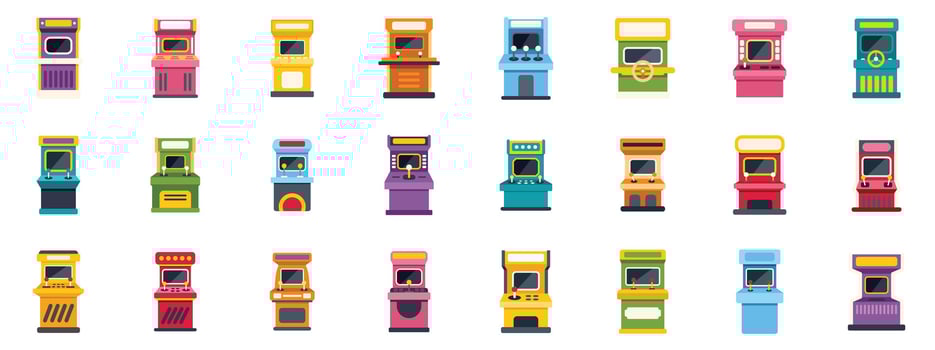 Collection of colorful arcade game machines showing variety of gaming experiences vector