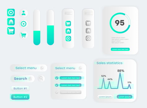 UI UX design elements set with buttons, icons, progress bars, statistics charts, and menus in modern neon gradient style. Flat interface components template for web and mobile applications vector