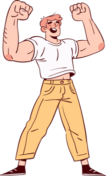 Celebrating Success Confident Cartoon Character with Raised Fists in Joyful Pose png
