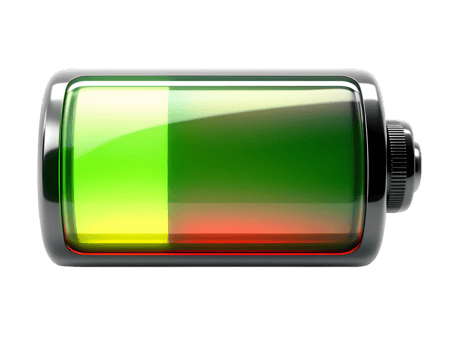 High-Capacity Battery Power Level Indicator A 3D Render of a Battery with a Near-Full Charge, Displaying Vibrant Green and Yellow Hues, Indicating High Energy Storage and Readiness for Use. png