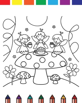 Coloring pages for kids with fairy and mushroom vector
