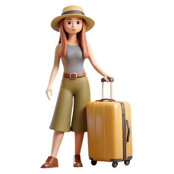 Cartoon woman with travel suitcase 3d illustration isolated on the transparent background. Summer vecation png
