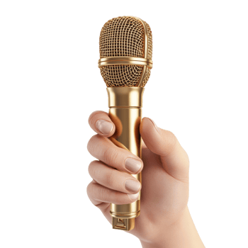 A golden microphone held in a hand png