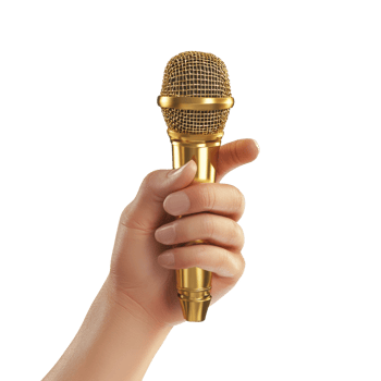 A golden microphone held in a hand against a black background png
