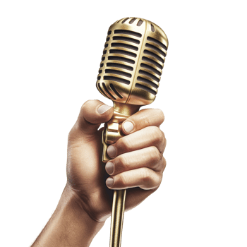 A golden vintage microphone held in a hand png