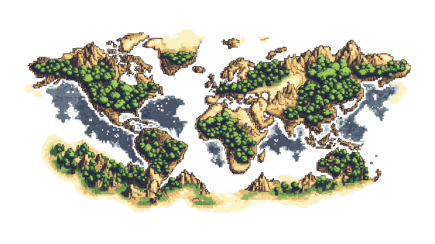Pixelated World Map Showing Lush Green Forests and Brown Mountains png