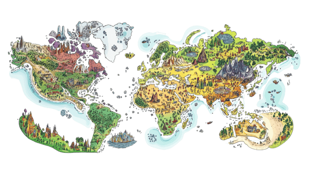 Whimsical Illustrated World Map Showing Diverse Landscapes And Cultures png