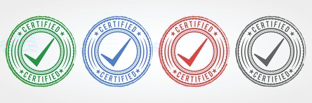 Certified stamp set in colorful shades with tick mark and grunge look vector
