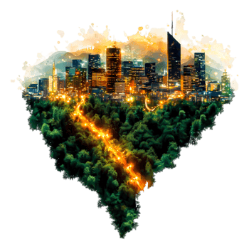 Urban skyline blending with nature and glowing heart shape design png
