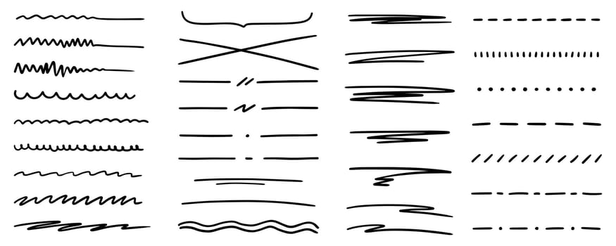 Set of abstract curved hand drawn lines, underline, highlight lines, underline strokes, scribbles, dashes. Wavy, straight, curved lines. vector