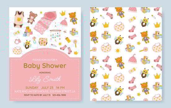 Set of vertical invitation cards for a baby shower, birthday, or gender reveal party. It's a Girl. Isolated postcard templates with baby essentials, text and pattern. vector