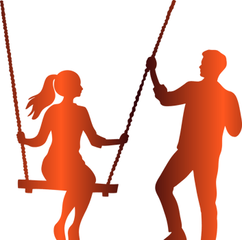 Silhouette of a couple on a swing, symbolizing love, connection and intimacy. Red gradient. Perfect for romantic designs, wedding invitations, Valentine's Day projects, anniversary cards, etc. png
