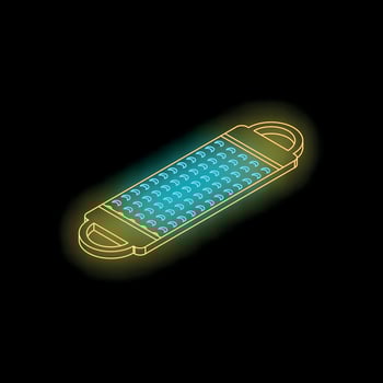 Neon grater shining on dark background, isometric kitchen utensil icon vector