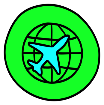 Sticker on the theme of travel with an image of an airplane on a globe. png
