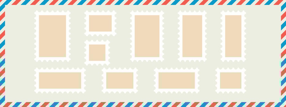 Postage stamp blank templates set. illustration old mail patterns isolated on beige background. Jagged wavy edge forms. Paper postmarks kit. Postal shapes border. Frames for letter. vector