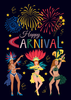 Carnival poster, postcard with samba dancers and fireworks. Brazilian street carnival. Mardi Gras decoration elements. vector