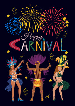 Carnival party flyer. Brazilian street carnival poster, postcard with samba dancers, drummer and fireworks. Mardi Gras decoration elements. vector