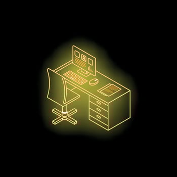 Glowing neon office desk with computer and chair representing remote work vector