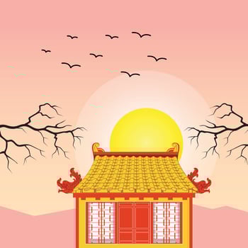 Chinese new year environment, traditional Chinese house, and moon on sky, art vector