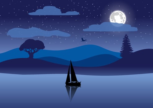 Drawing of a ship at night on the lake vector
