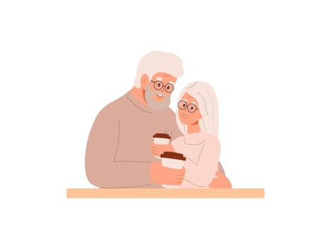 Elderly man and woman, old husband and wife in romantic relationship. Senior love couple with coffee cups on date. Mature spouses. illustration isolated on white background vector