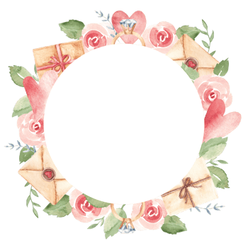 Valentine's Day Circle Frame with craft Envelopes, vintage Letters, Present and a pink Hearts and Roses. Diamond Engagement Ring. Watercolor hand drawn illustration in pastel colors isolated on a png